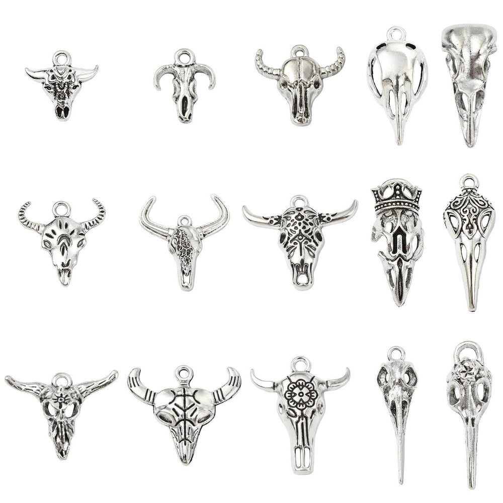 6782 80 pcs Random Antique Silver Cattle Head Charms Raven Skull Charms
